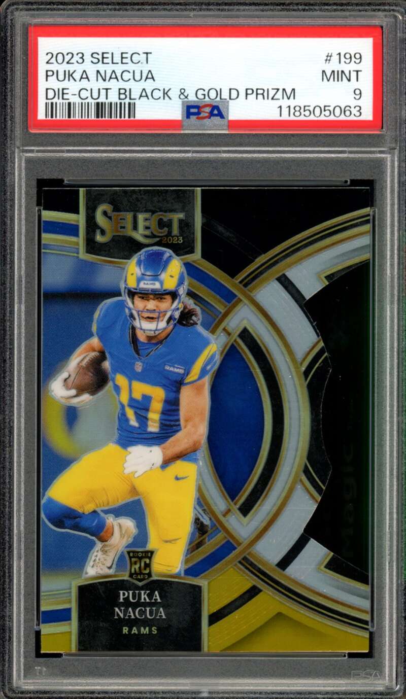 Puka Nacua Rookie Card 2023 Select Die Cut Black Gold Prizm #199 PSA 9 Image 1