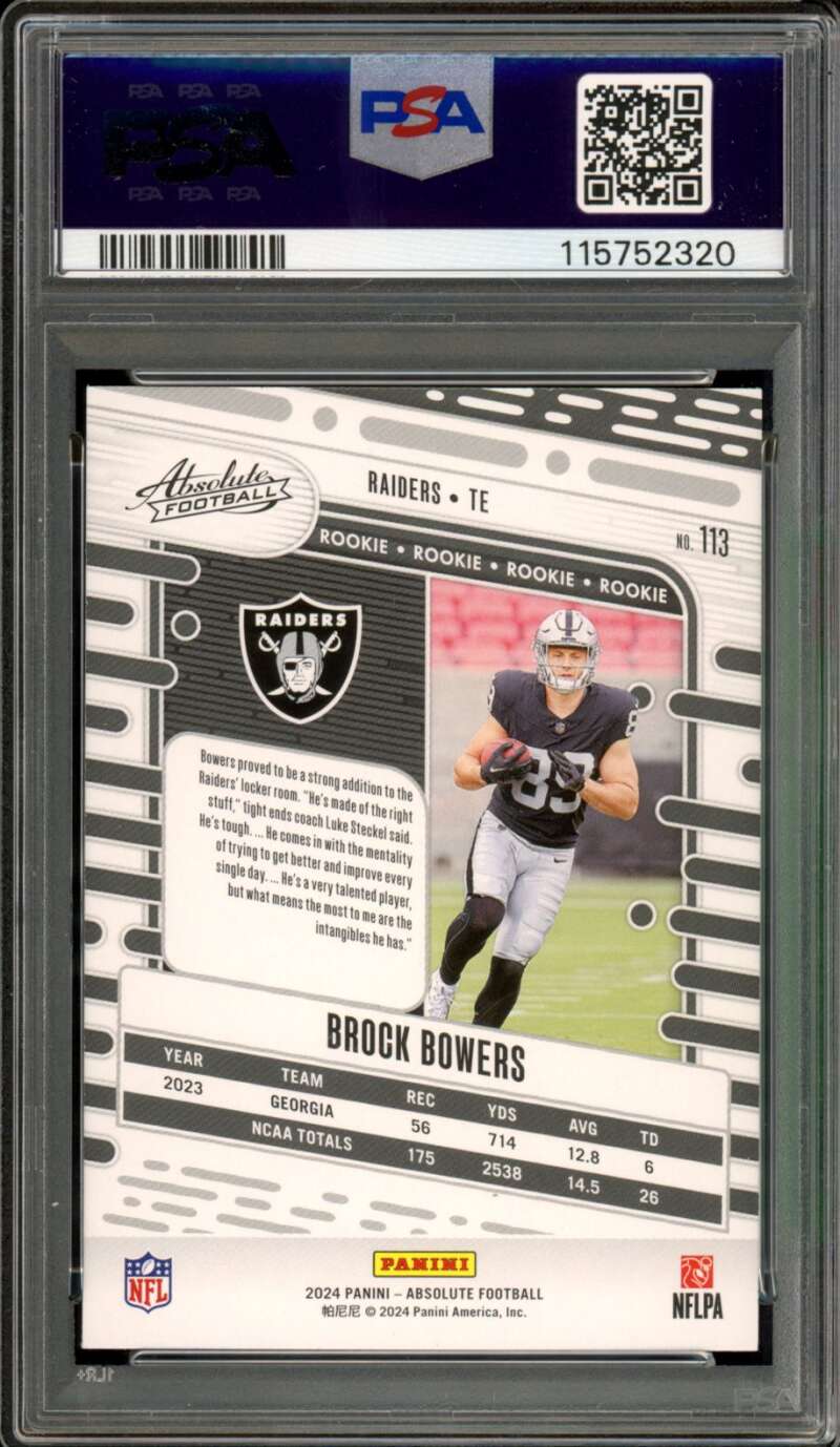 Brock Bowers Rookie Card 2024 Absolute #113 PSA 10 Image 2