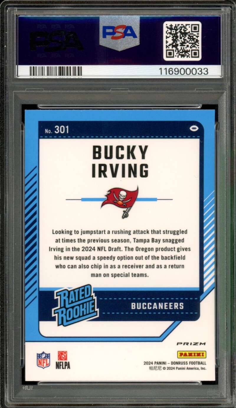 Bucky Irving Rookie Card 2024 Donruss Optic Preview-Red Green #301 PSA 9 Image 2