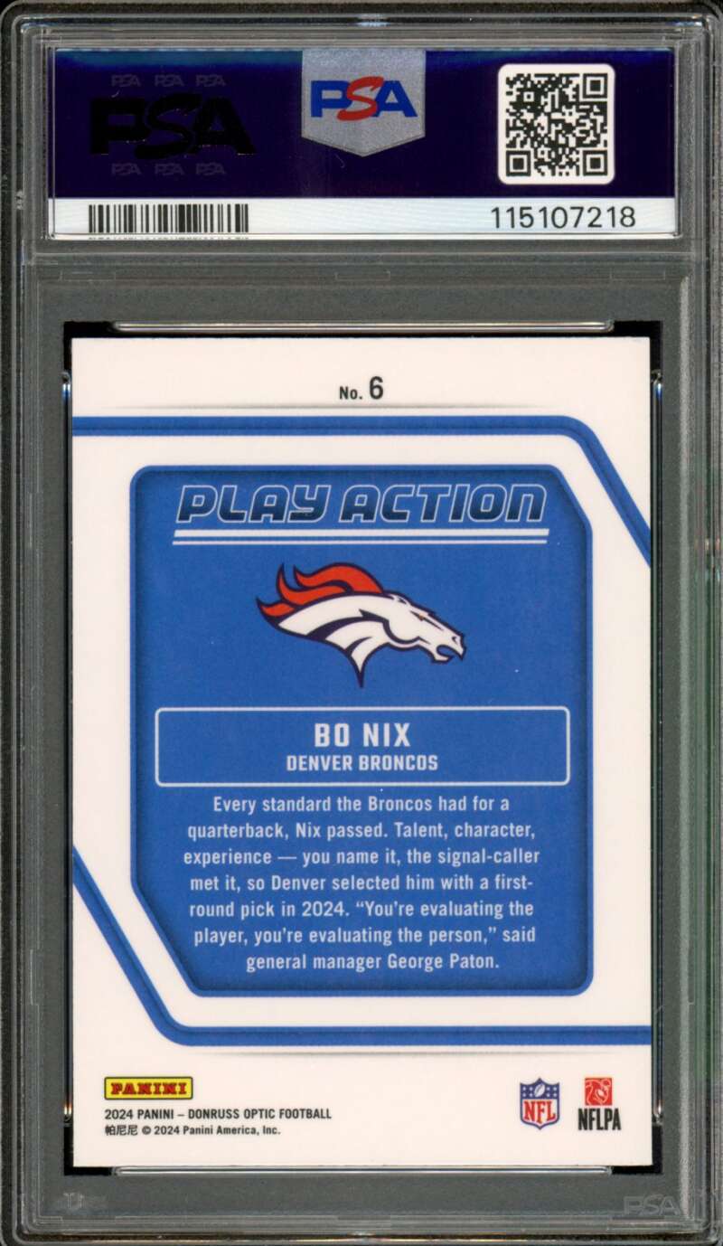 Bo Nix Card 2024 Donruss Optic Play Action #6 PSA 10 Image 2