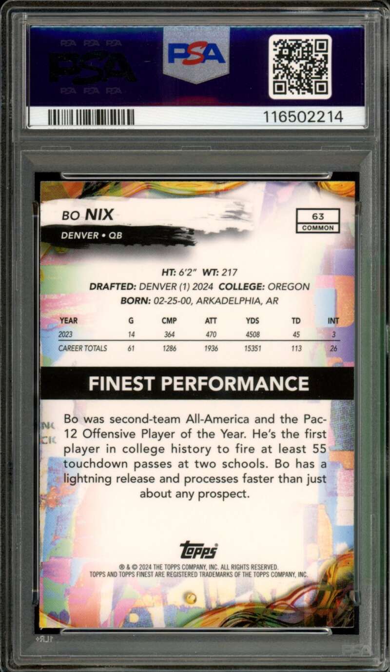 Bo Nix Rookie Card 2024 Finest Checkerboard #63 PSA 9 Image 2