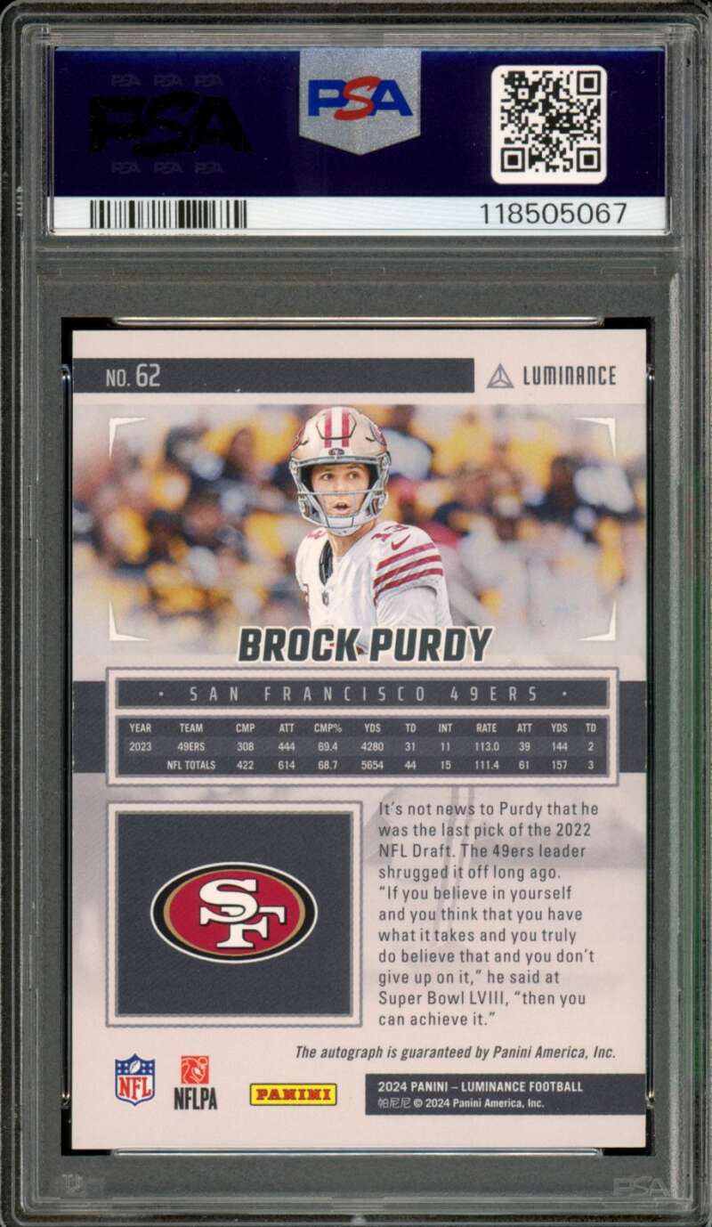 Brock Purdy Card 2024 Luminance Autograph Blue (46/50) #62 PSA 9 Image 2