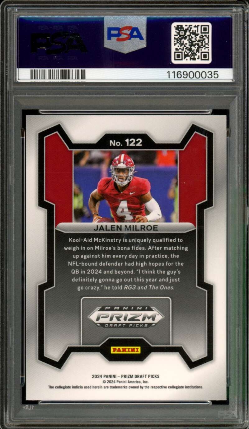 Jalen Milroe Rookie Card 2024 Prizm Draft Picks #122 PSA 10 Image 2