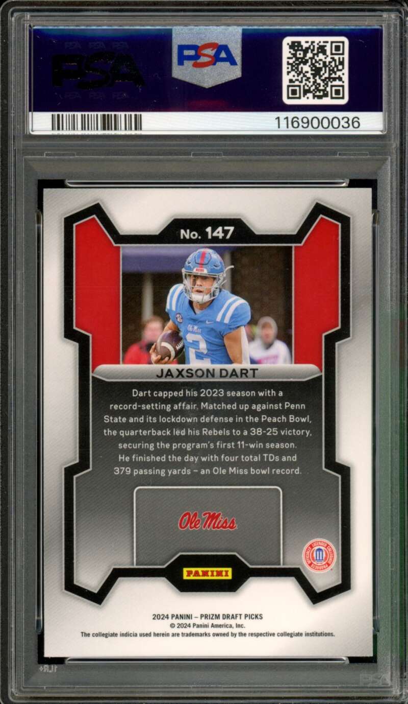 Jaxson Dart Rookie Card 2024 Prizm Draft Picks #147 PSA 9 Image 2