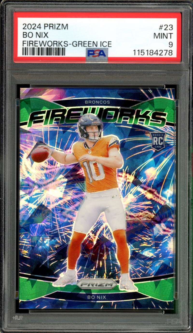 Bo Nix Rookie Card 2024 Prizm Fireworks Green Ice #23 PSA 9 Image 1