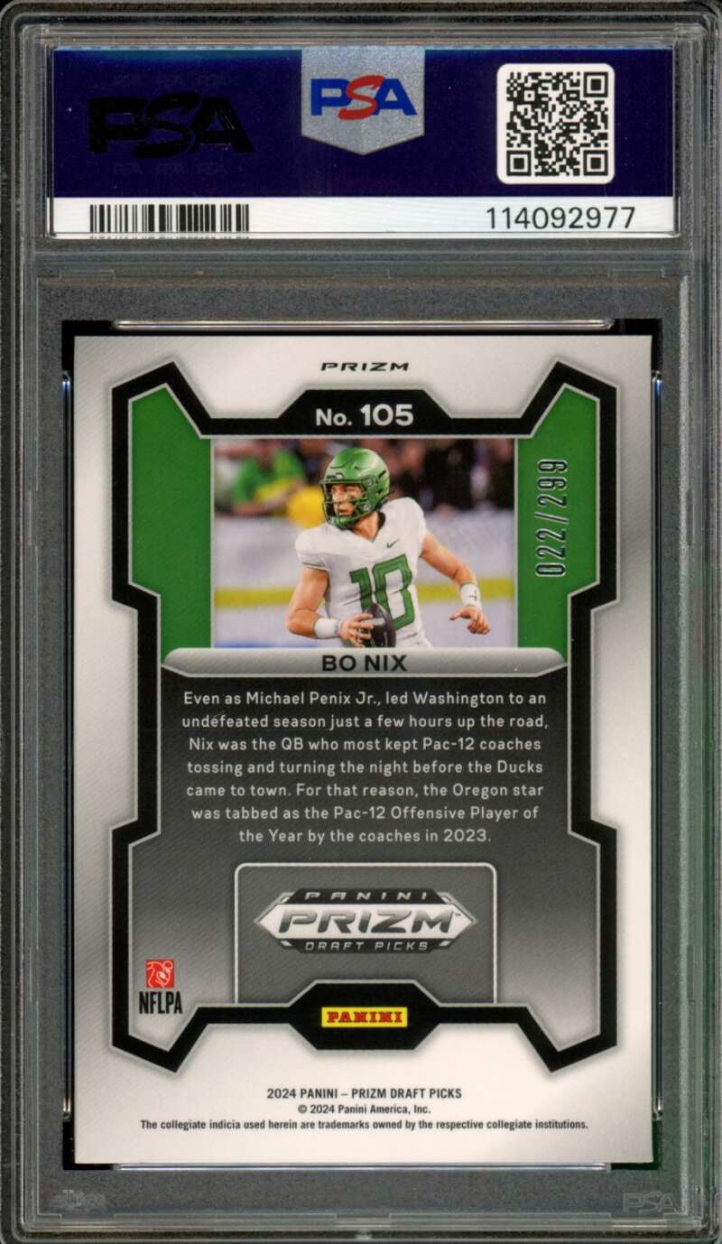 Bo Nix Rookie Card 2024 Prizm Draft Picks Red Prizm #105 PSA 9 Image 2