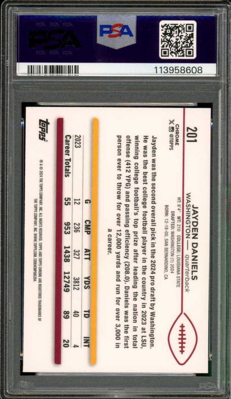 Jayden Daniels Rookie Card 2024 Topps Chrome #201 PSA 9 Image 2