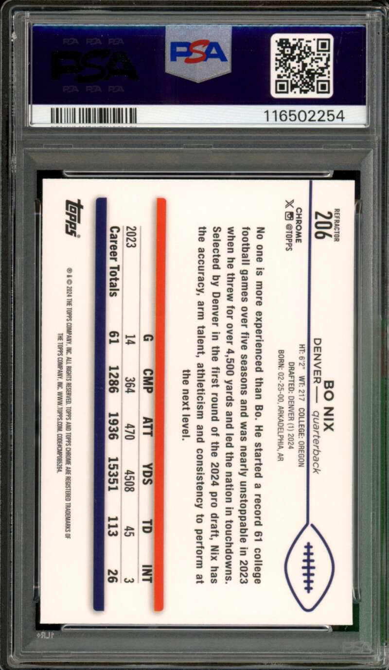 Bo Nix Rookie Card 2024 Topps Chrome Refractor #206 PSA 9 Image 2