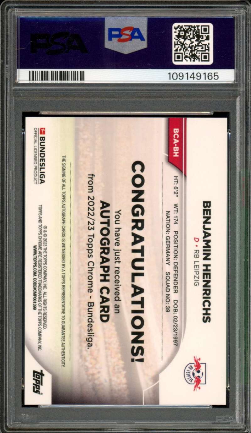Benjamin Henrichs Card 2022-23 Topps Chrome Bundesliga Autograph #BH PSA 10 Image 2