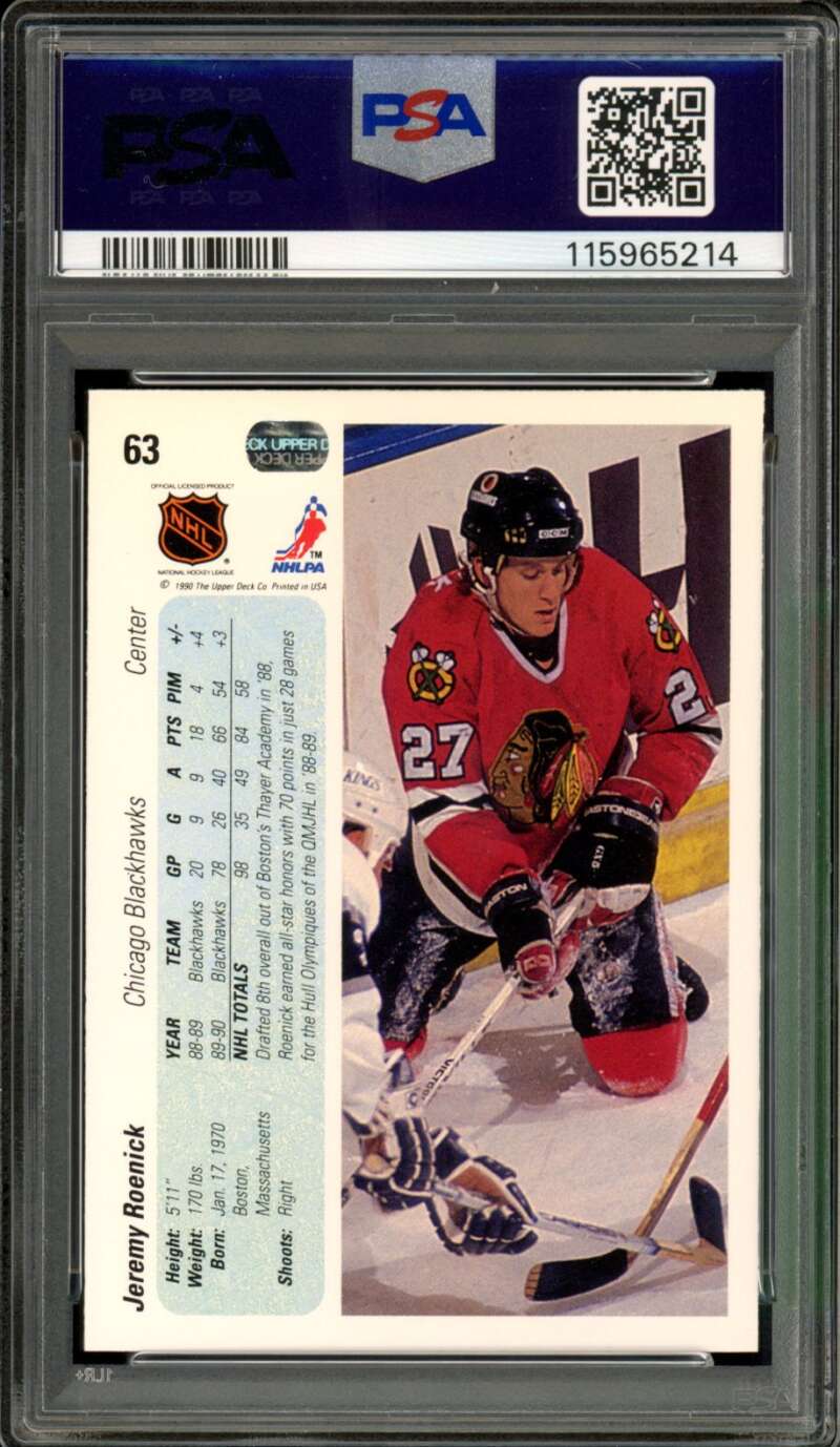 Jeremy Roenick Rookie Card 1990-91 Upper Deck #63 PSA 9 Image 2