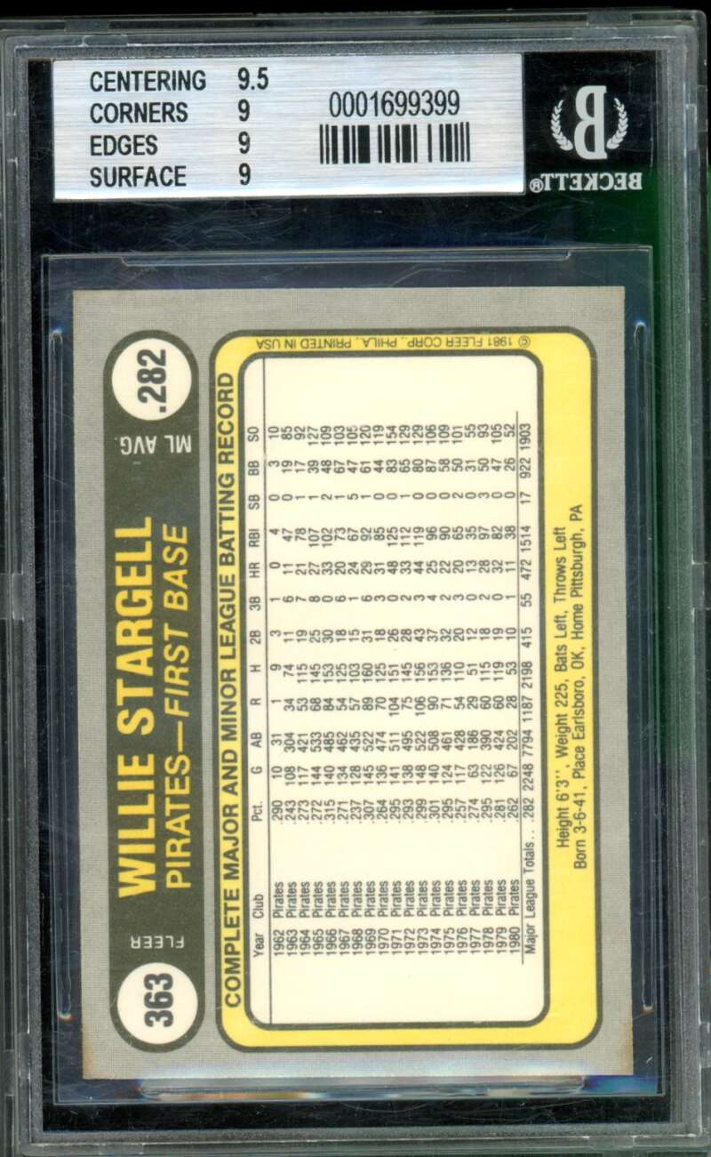 Willie Stargell Card 1981 Fleer #363 BGS 9 Image 2