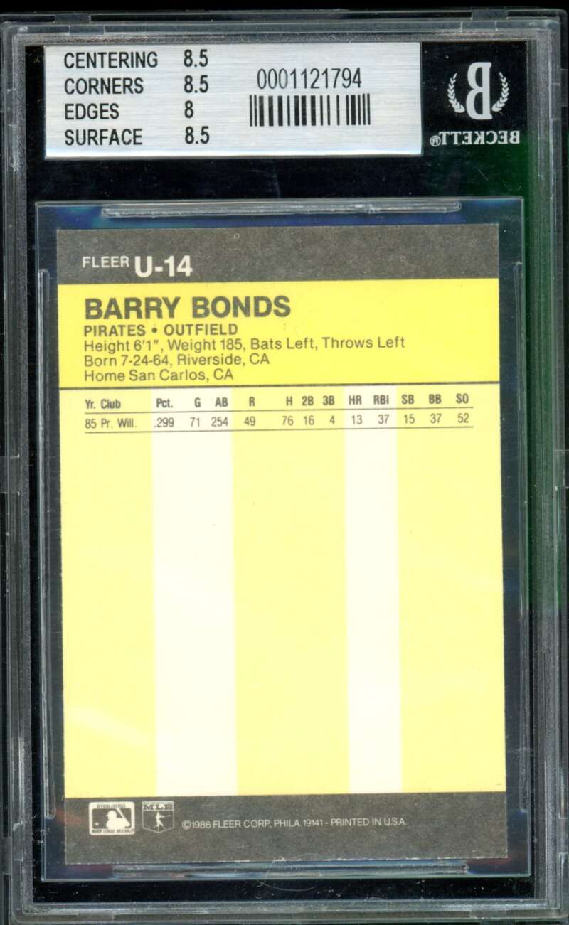 Barry Bonds Rookie Card 1986 Fleer Update #14 BGS 8.5 Image 2