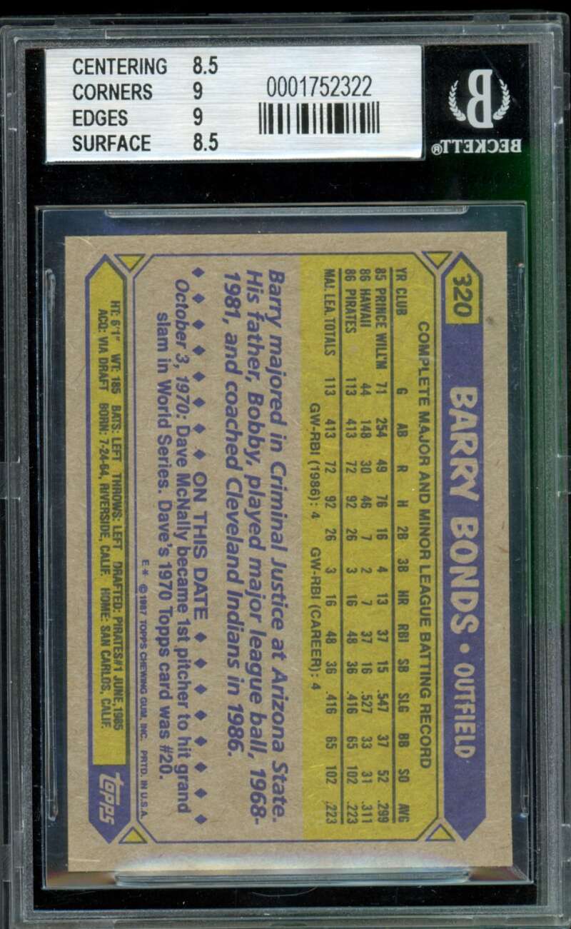 Barry Bonds Rookie Card 1987 Topps #320 BGS 8.5 Image 2