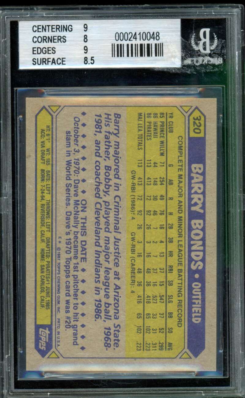 Barry Bonds Rookie Card 1987 Topps #320 BGS 8.5 Image 2