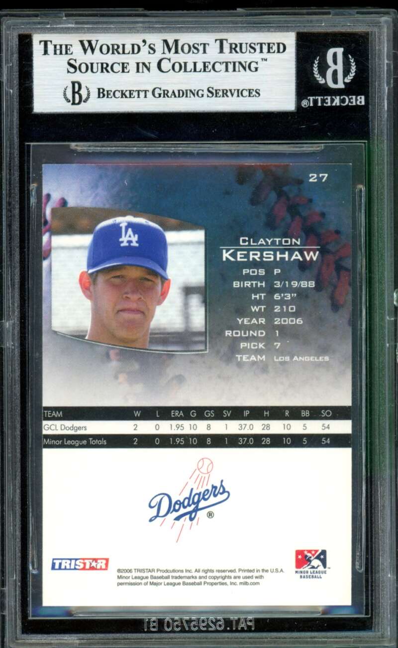 Clayton Kershaw Rookie Card 2006 Tristar Prospects Plus #27 BGS 9 Image 2