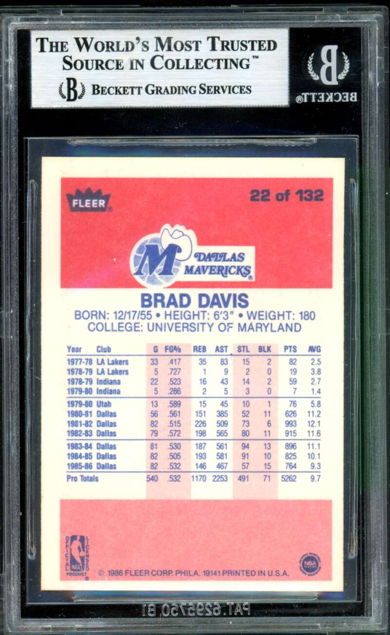 Brad Davis Card 1986-87 Fleer #22 BGS 8.5 Image 2