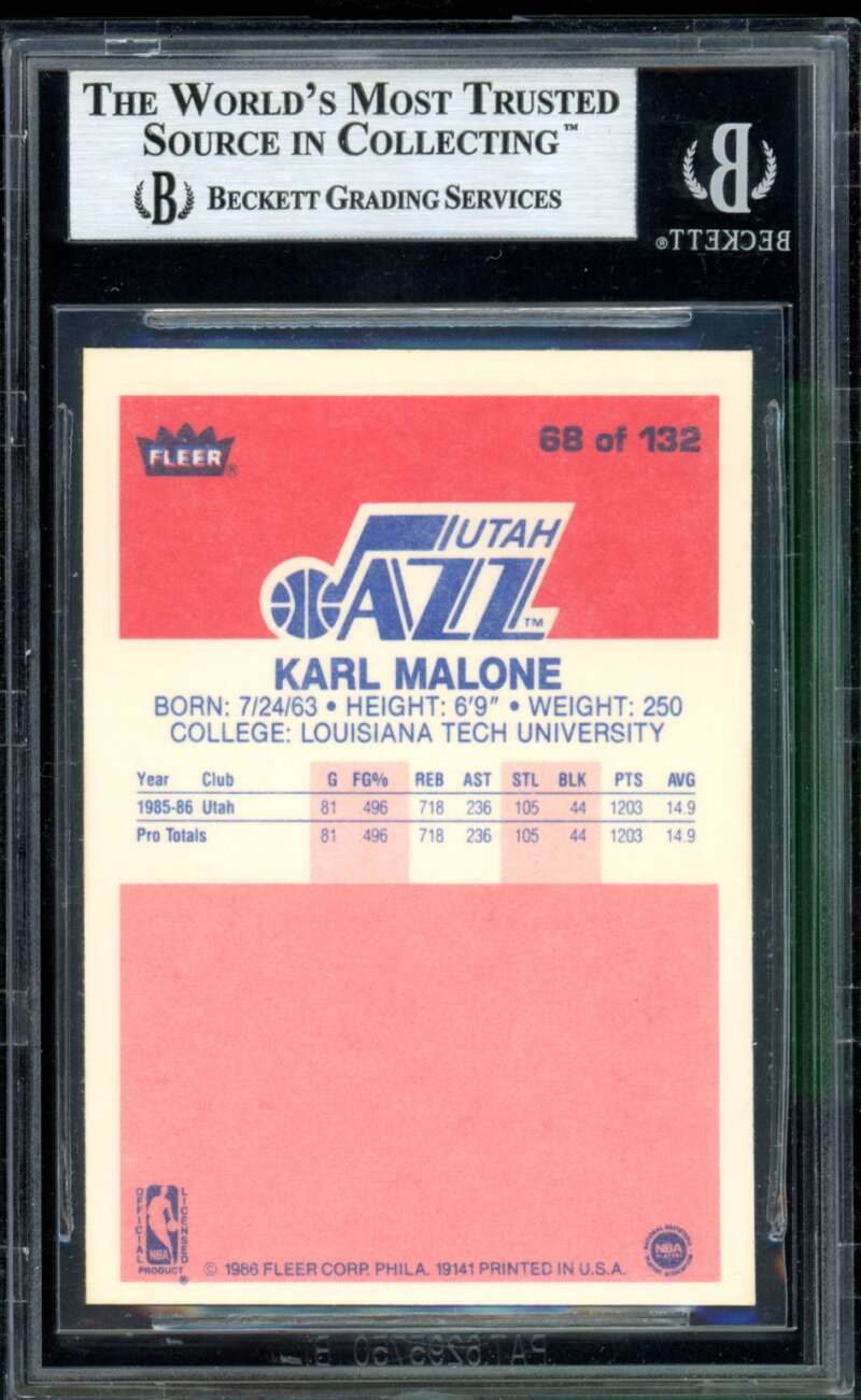 Karl Malone Rookie Card 1986-87 Fleer #68 BGS 9 Image 2