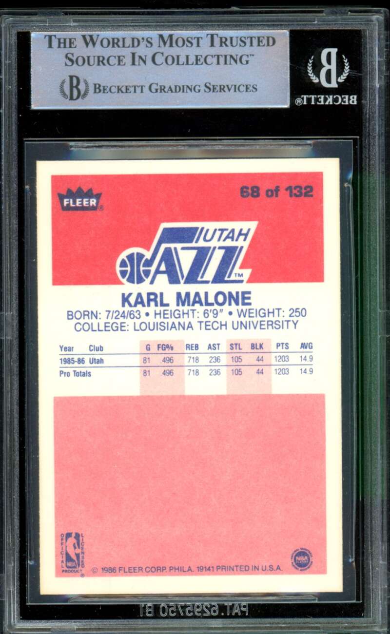 Karl Malone Rookie Card 1986-87 Fleer #68 BGS 9 Image 2
