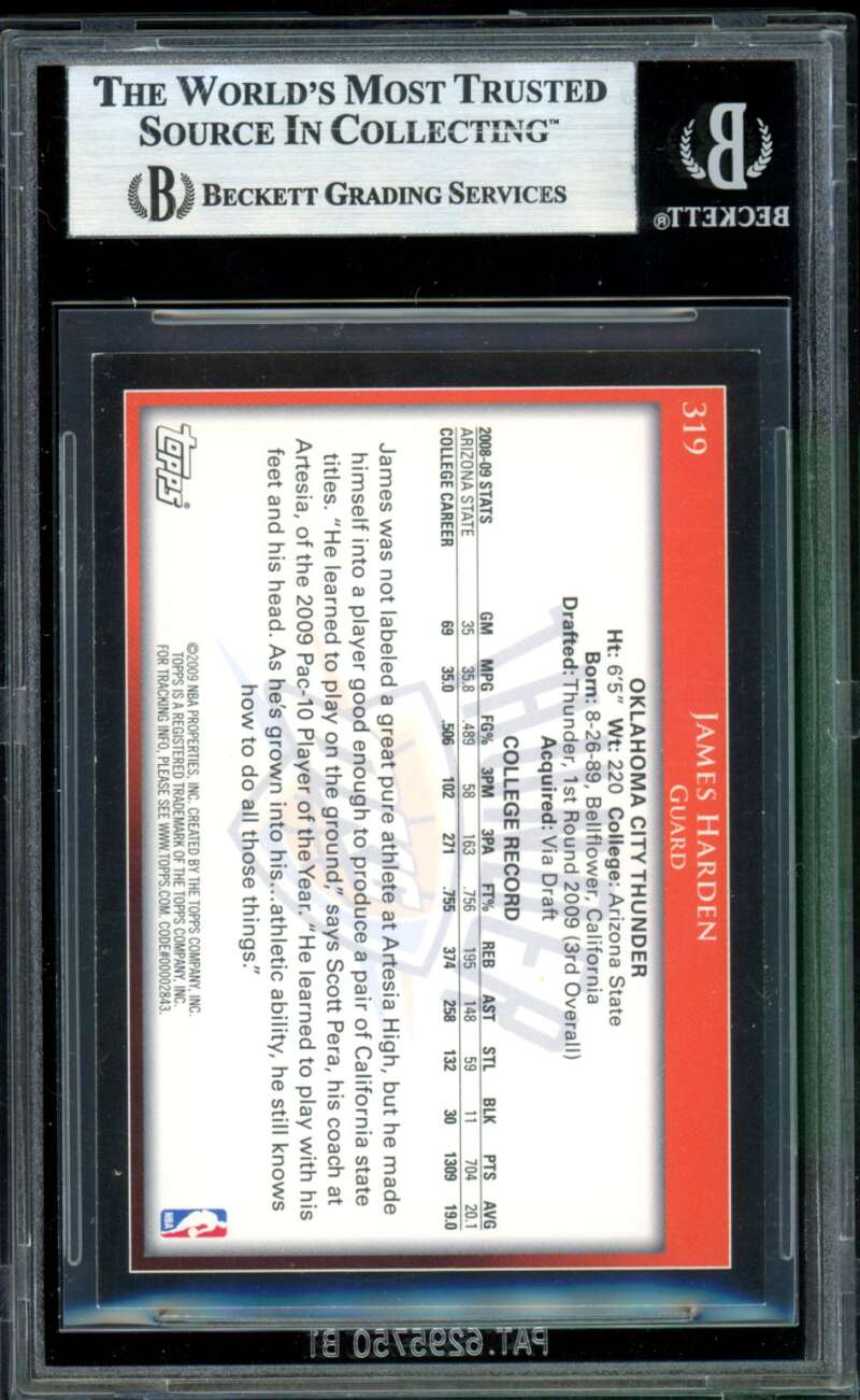 James Harden Rookie Card 2009-10 Topps #319 BGS 8.5 Image 2