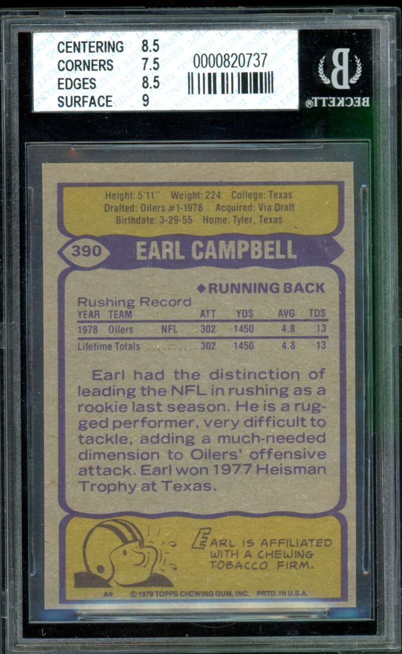 Earl Campbell Rookie Card 1979 Topps #390 BVG BGS 8 Image 2