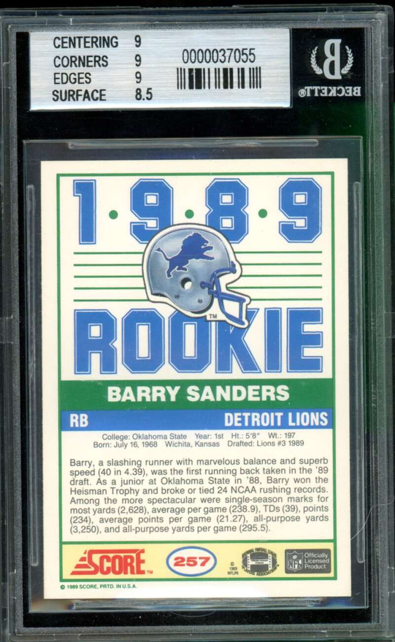 Barry Sanders Rookie Card 1989 Score #257 BGS 9 Image 2