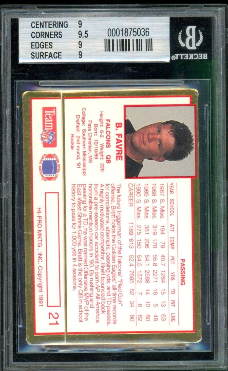 Brett Favre Rookie Card 1991 Action Packed Rookie Update #21 BGS 9 Image 2