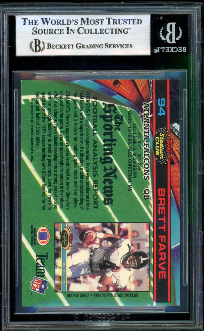 Brett Favre Rookie Card 1991 Stadium Club #94 BGS 9 Image 2