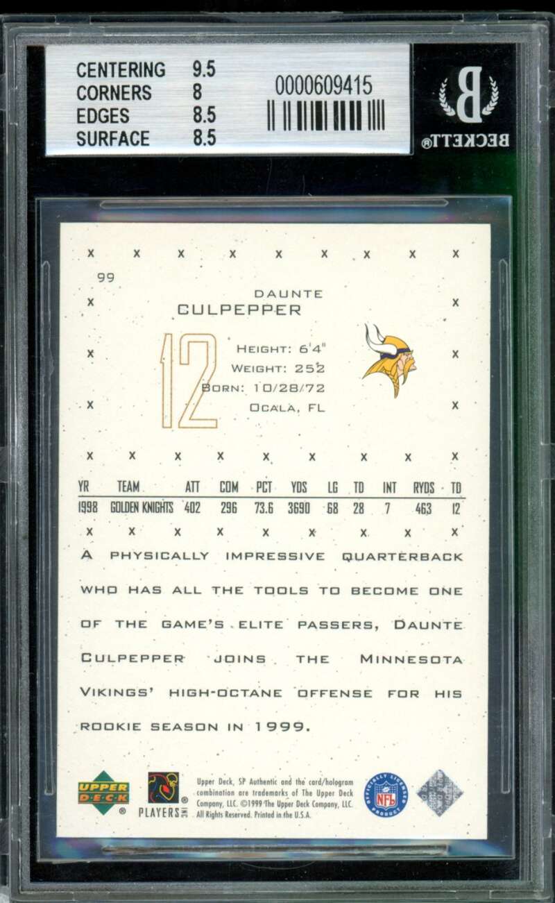 Daunte Culpepper Rookie Card 1999 SP Authentic (1986/1999) #99 BGS 8.5 Image 2