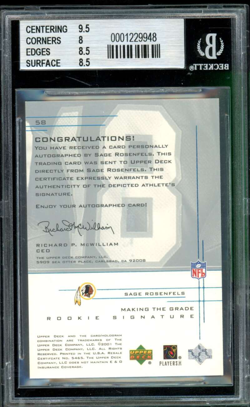 Sage Rosenfels Rookie Card 2001 UD Graded Autograph #58 BGS 8.5 Image 2