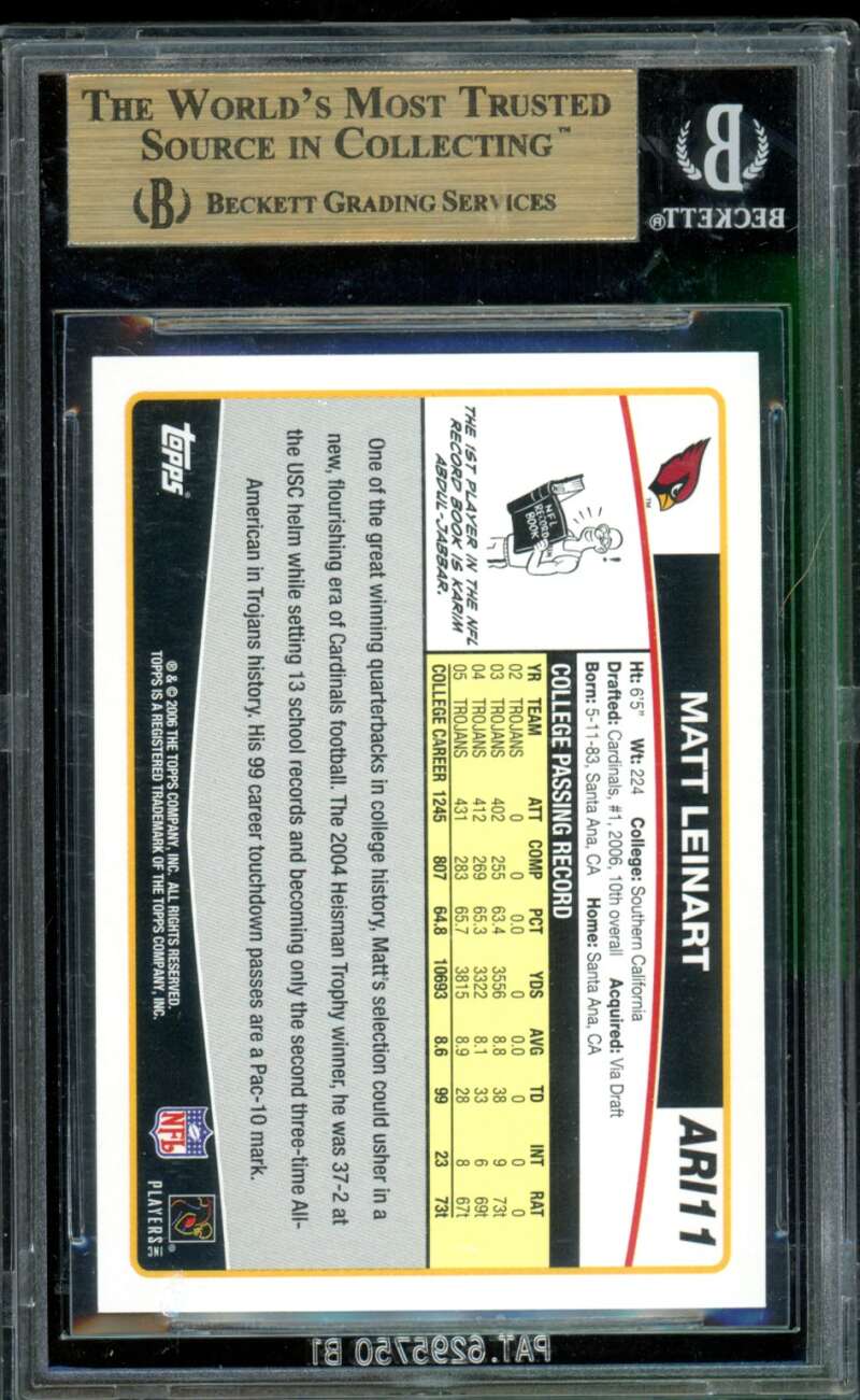 Matt Leinart Rookie Card 2006 Topps Team Sets #Ari11 BGS 9.5 Image 2