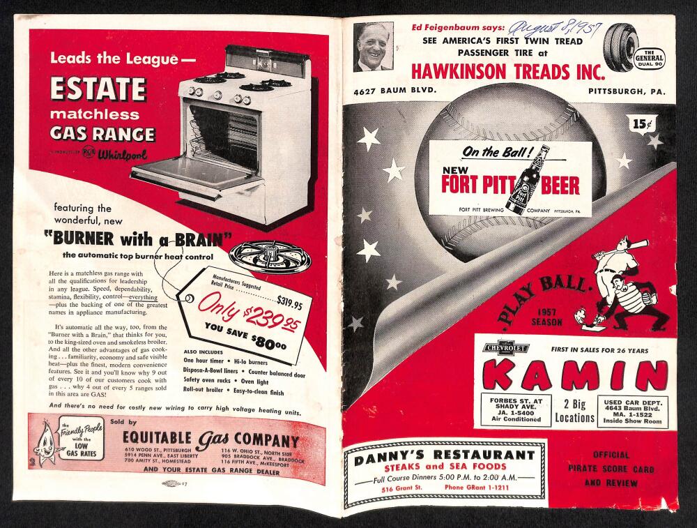 1957 Pittsburg Pirates vs. Philadelphia Phillies Scorecard  Roberto Clemente Image 1