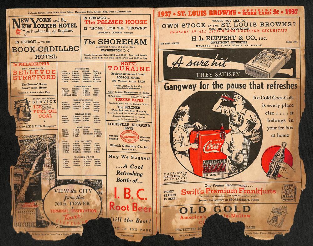 1937 St. Louis Browns vs. New York Yankees Scorecard  DiMaggio / Gehrig Image 1