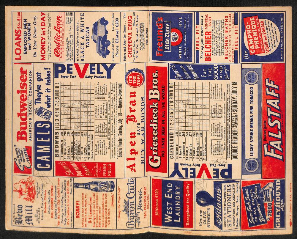 1943 St. Louis Browns vs. Cleveland Indians Scorecard  Image 2