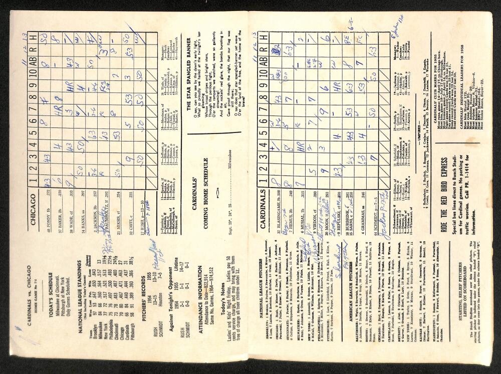 1955 St. Louis Cardinals vs. Chicago Cubs Scorecard  Musial / Banks Image 2