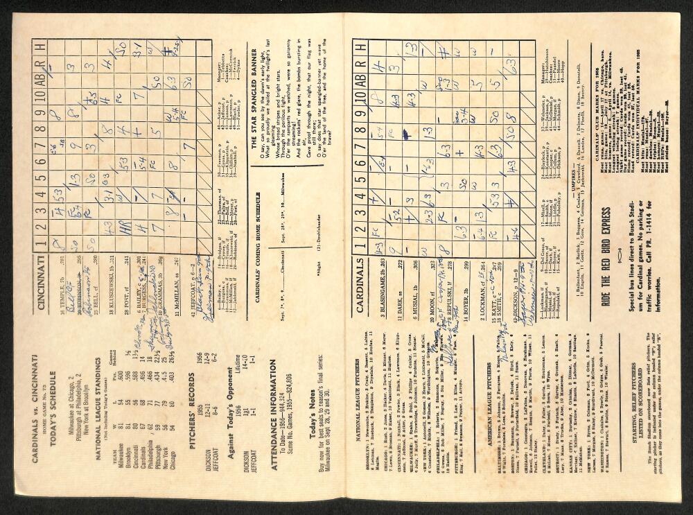 1956 St. Louis Cardinals vs. Cincinnati Reds Scorecard  Musial  Image 2