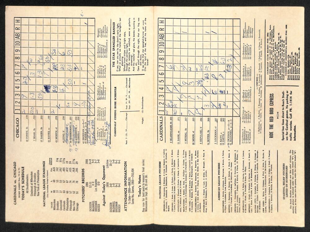 1956 St. Louis Cardinals vs. Chicago Cubs Scorecard  Musial / Banks Image 2