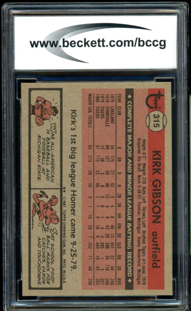 Kirk Gibson Rookie Card 1981 Topps #315 BGS BCCG 9 Image 2