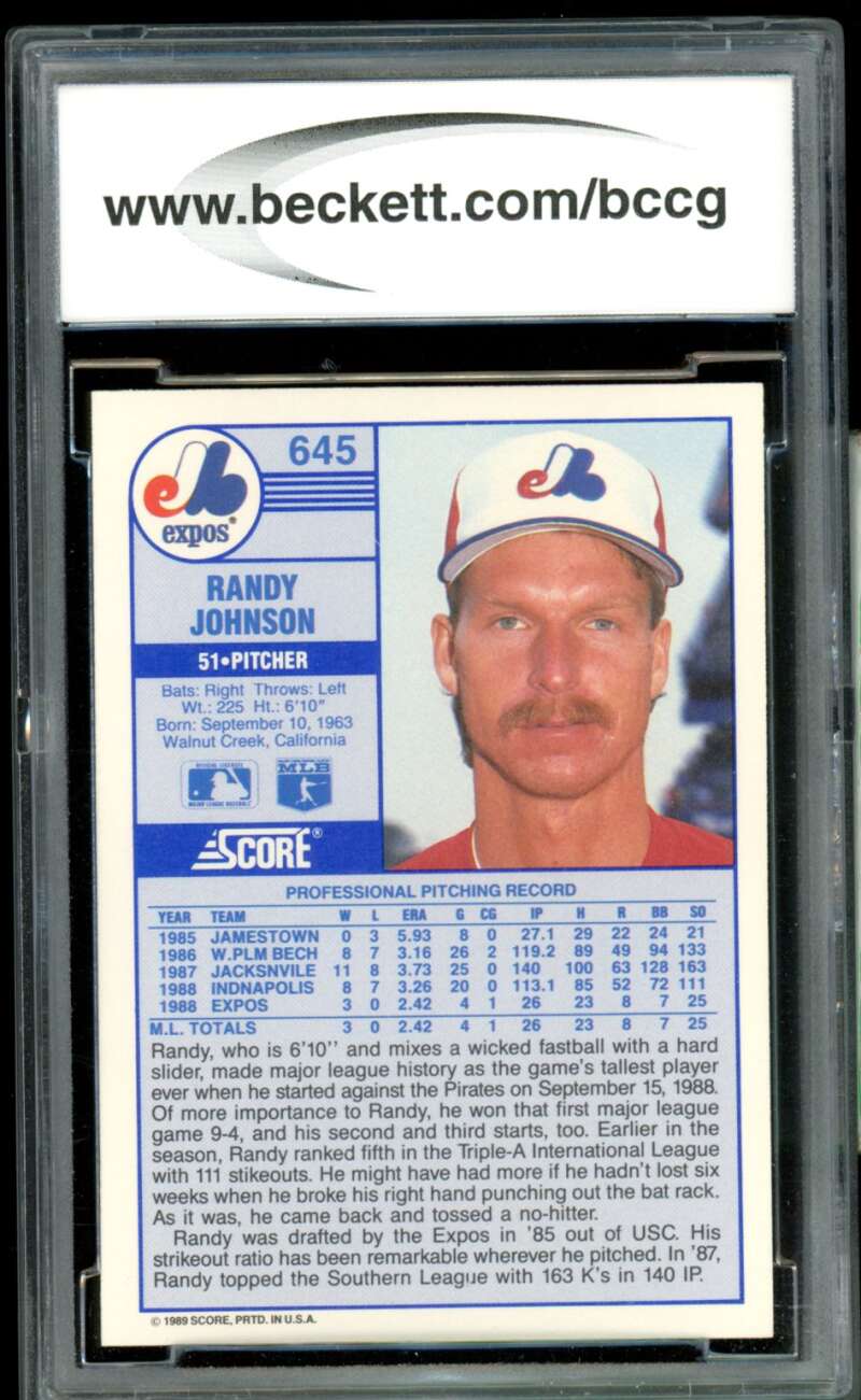 Randy Johnson Rookie Card 1989 Score #645 BGS BCCG 10 Image 2