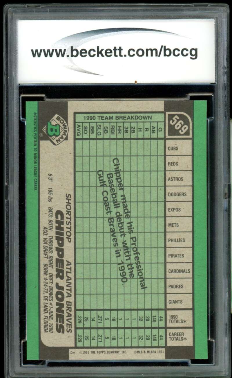 Chipper Jones Rookie Card 1991 Bowman #569 BGS BCCG 9 Image 2