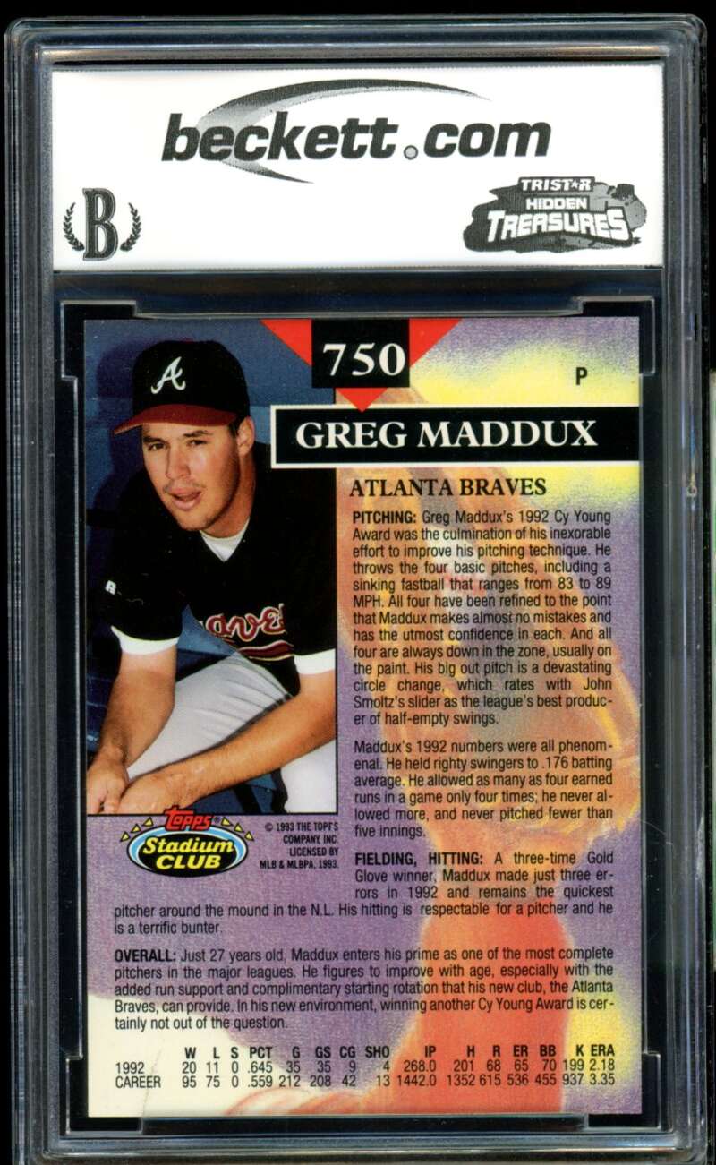 Greg Maddux Card 1993 Stadium Club #750 BGS BCCG 10 Image 2