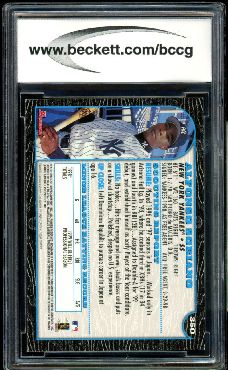 Alfonso Soriano Rookie Card 1999 Bowman #350 BGS BCCG 10 Image 2