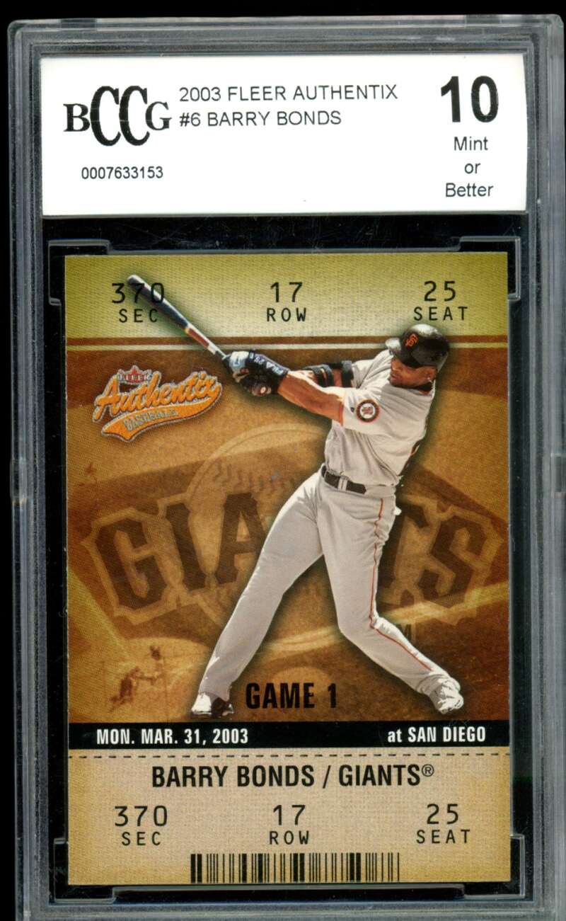Barry Bonds Card 2003 Fleer Authentix #6 BGS BCCG 10 Image 1