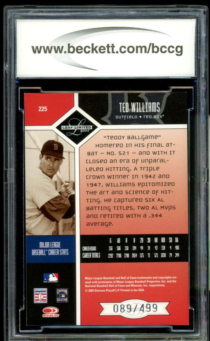 Ted Williams Card 2004 Leaf Limited #225 (89/499) BGS BCCG 10 (holder crack) Image 2