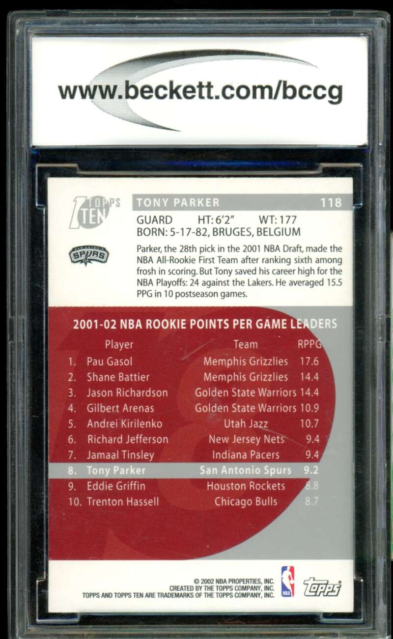Tony Parker Card 2002-03 Topps Ten #118 BGS BCCG 9 (holder scratch) Image 2