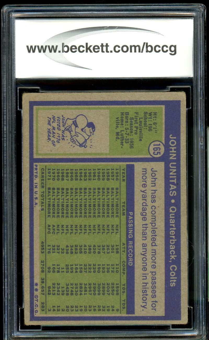 Johnny Unitas Card 1972 Topps #165 BGS BCCG 7 Image 2