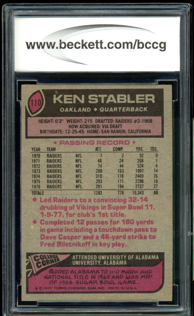 Ken Stabler Card 1977 Topps #110 BGS BCCG 7 Image 2