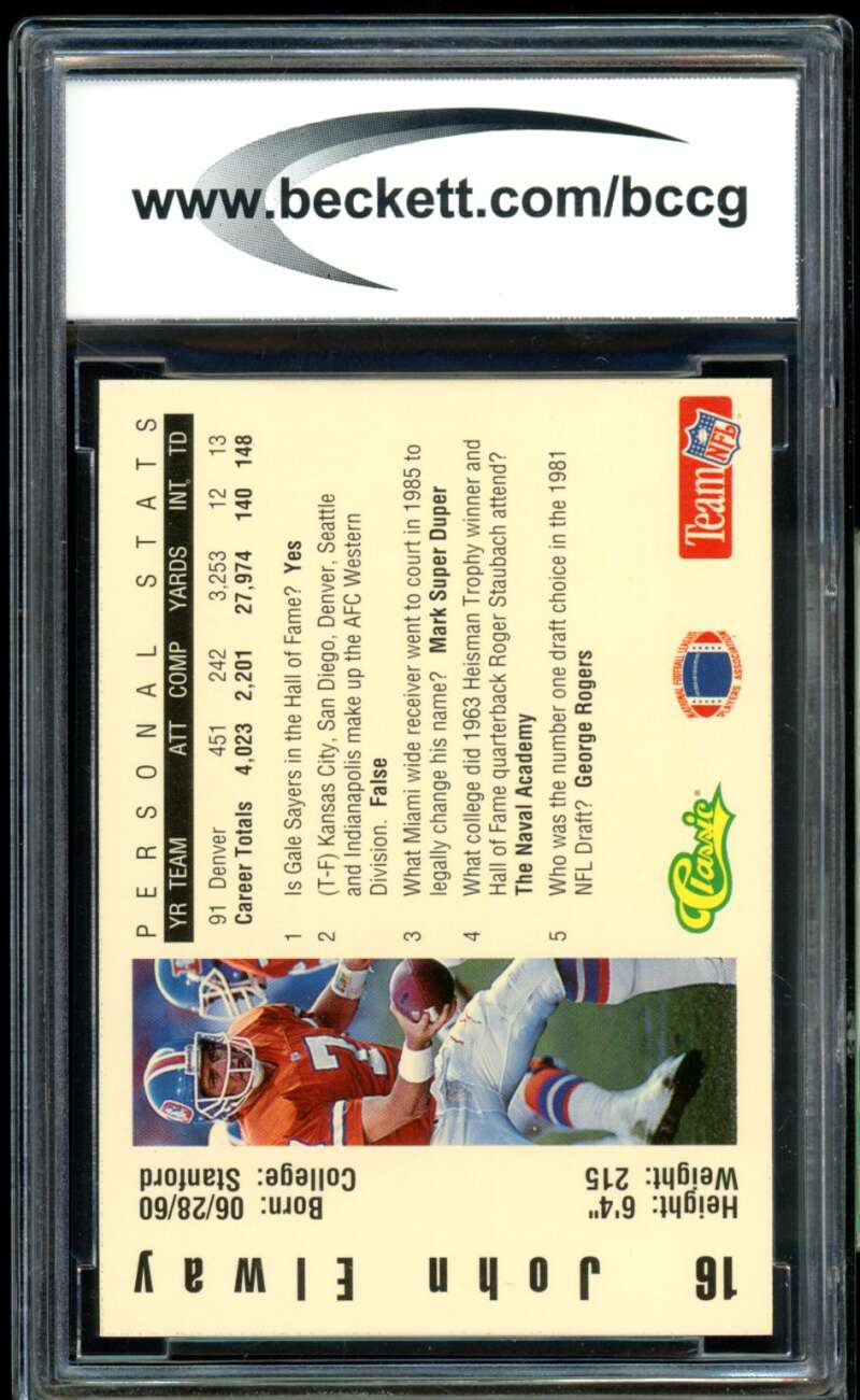 John Elway Card 1992 Classic NFL Game #16 BGS BCCG 10 Image 2