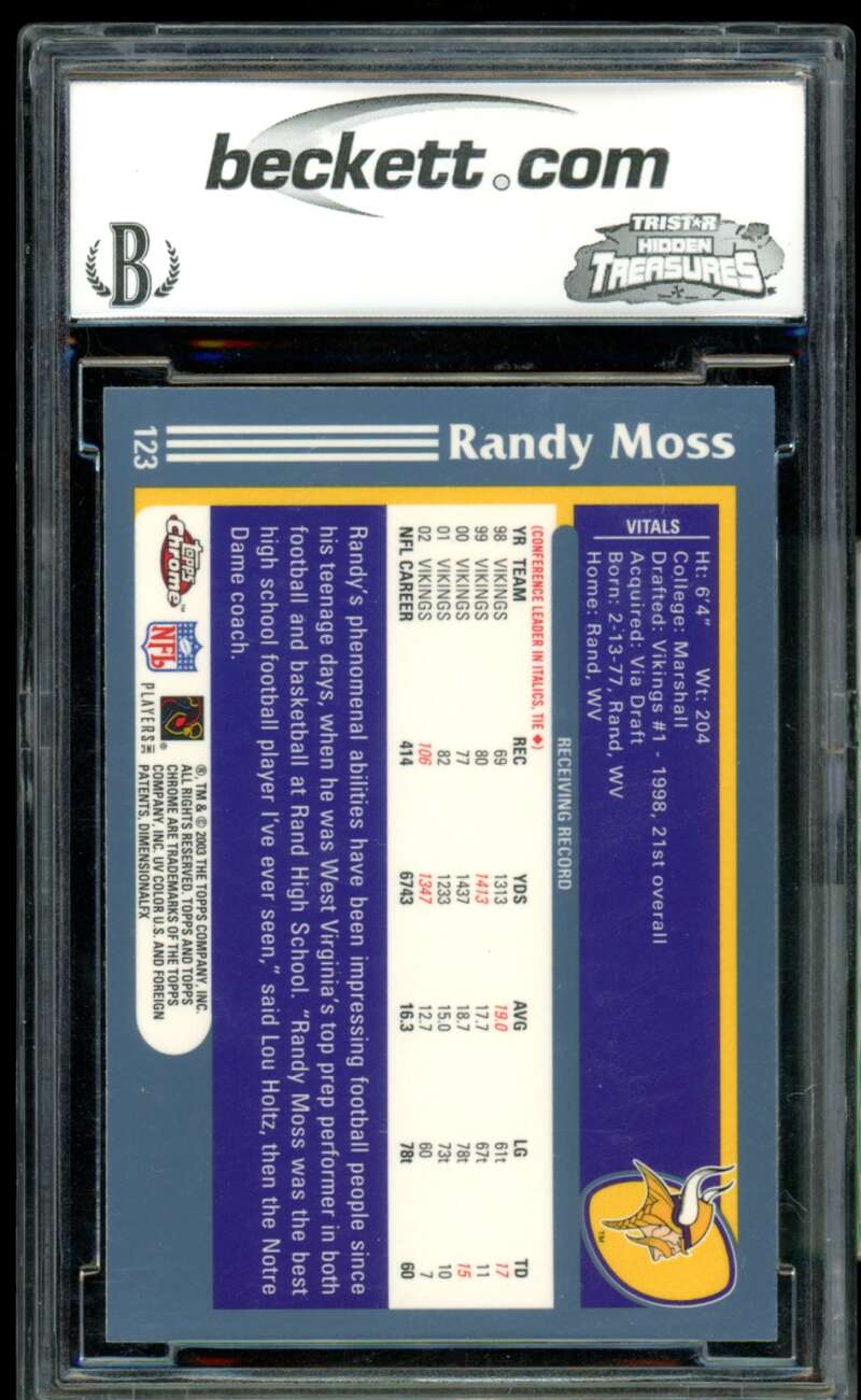 Randy Moss Card 2003 Topps Chrome #123 BGS BCCG 10 (holder scratch) Image 2