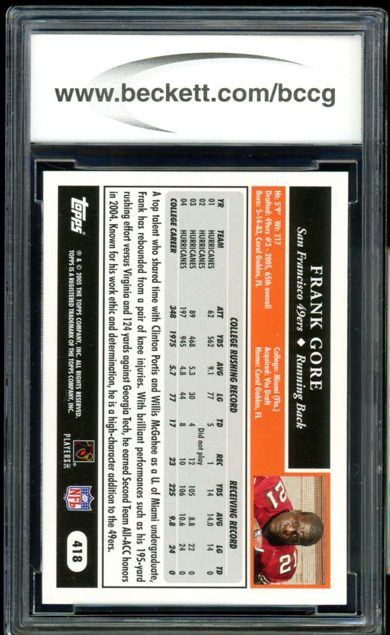 Frank Gore Rookie Card 2005 Topps #418 BGS BCCG 10 Image 2