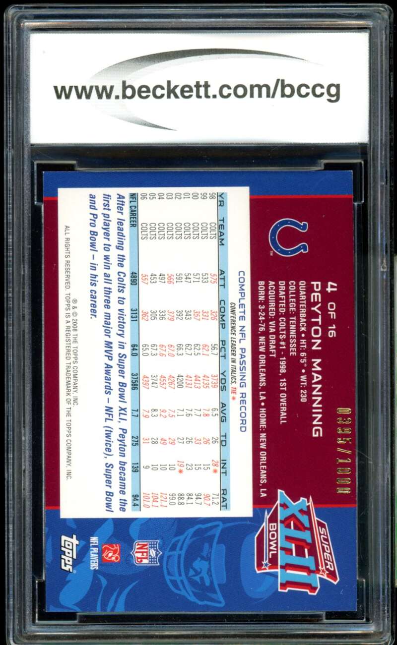 Peyton Manning Card 2008 Topps Super Bowl XLII Card Show #4 BGS BCCG 10 Image 2